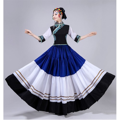 Women's white with blue chinese folk dance costumes hmong miao minority stage performance dresses 720degree